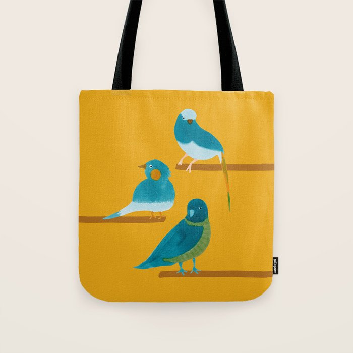 Three Friendly Birds - Turquoise and Yellow Tote Bag Gallery Image 1