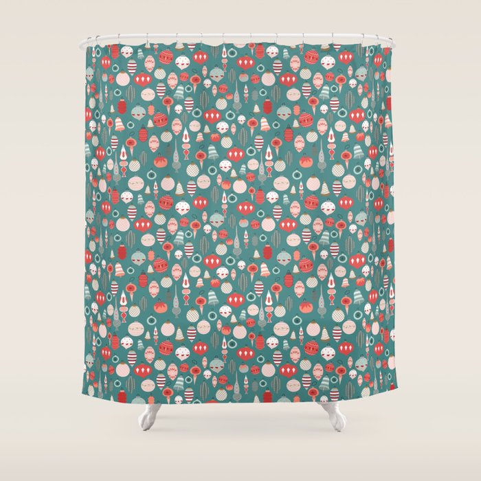 Vintage Christmas baubles teal background Shower Curtain Gallery Image 1