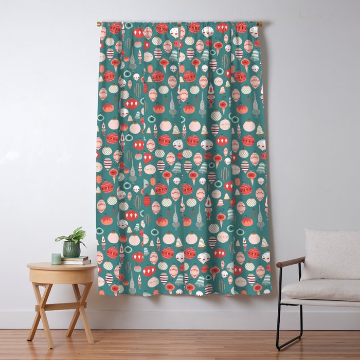 Vintage Christmas baubles teal background Window Curtain Gallery Image 1