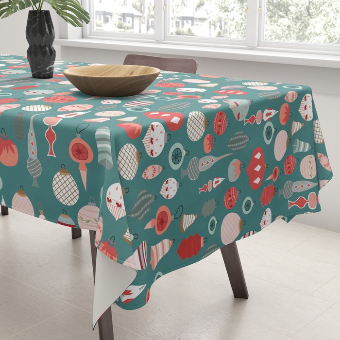 Vintage Christmas baubles teal background Tablecloth Gallery Image 3