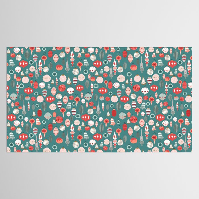 Vintage Christmas baubles teal background Tablecloth Gallery Image 2