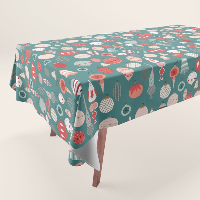 Vintage Christmas baubles teal background Tablecloth Gallery Image 1