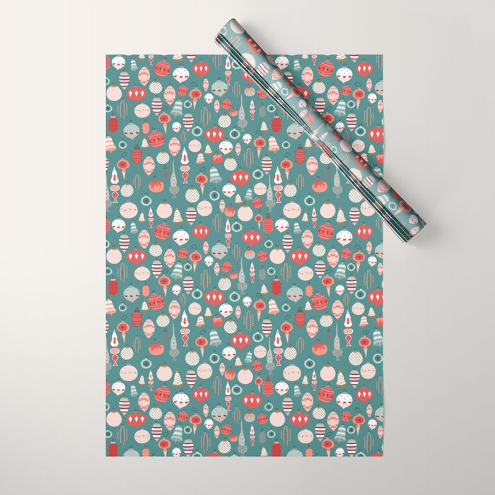 Vintage Christmas baubles teal background Wrapping Paper Gallery Image 1