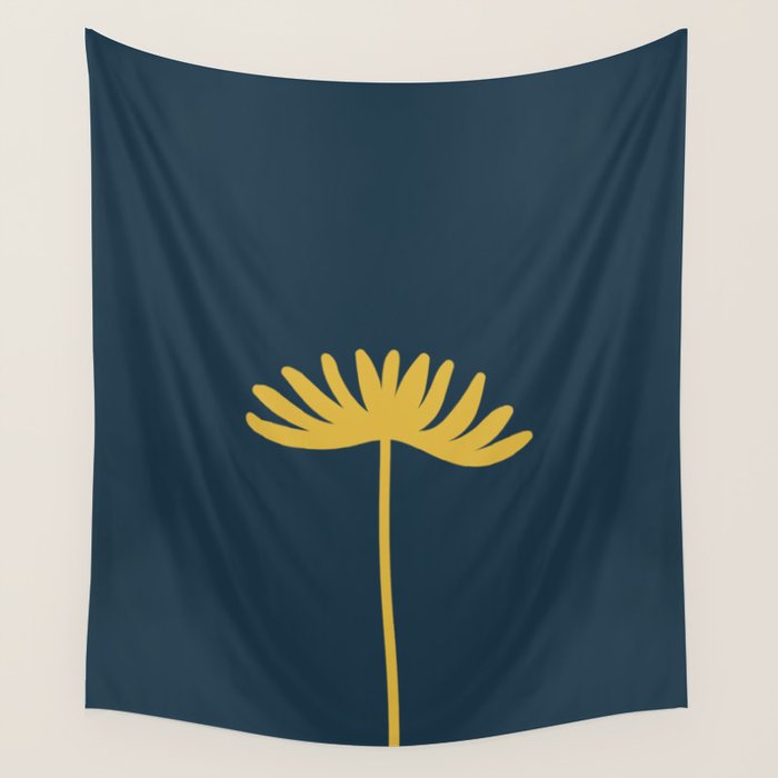 Tall Flower - Minimalist Floral in Light Mustard and Navy Blue Wall Tapestry Gallery Image 4