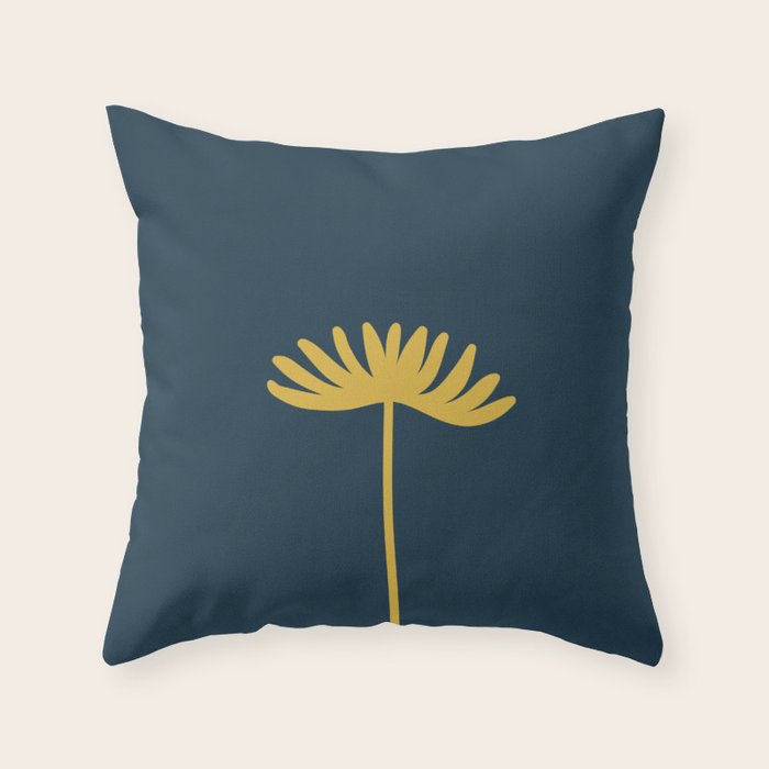Tall Flower - Minimalist Floral in Light Mustard and Navy Blue Throw Pillow Gallery Image 1