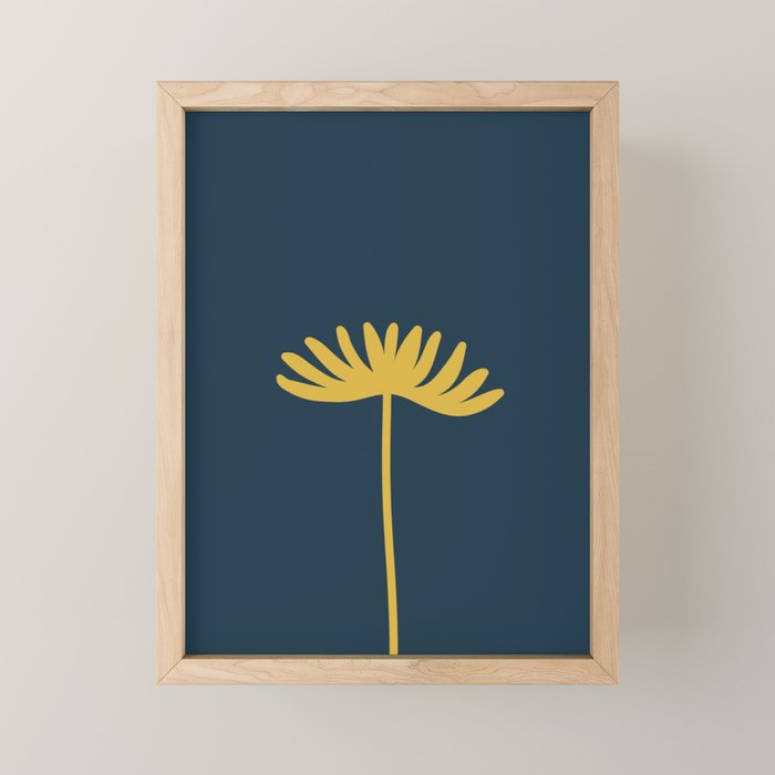 Tall Flower - Minimalist Floral in Light Mustard and Navy Blue Mini Art Print Gallery Image 1