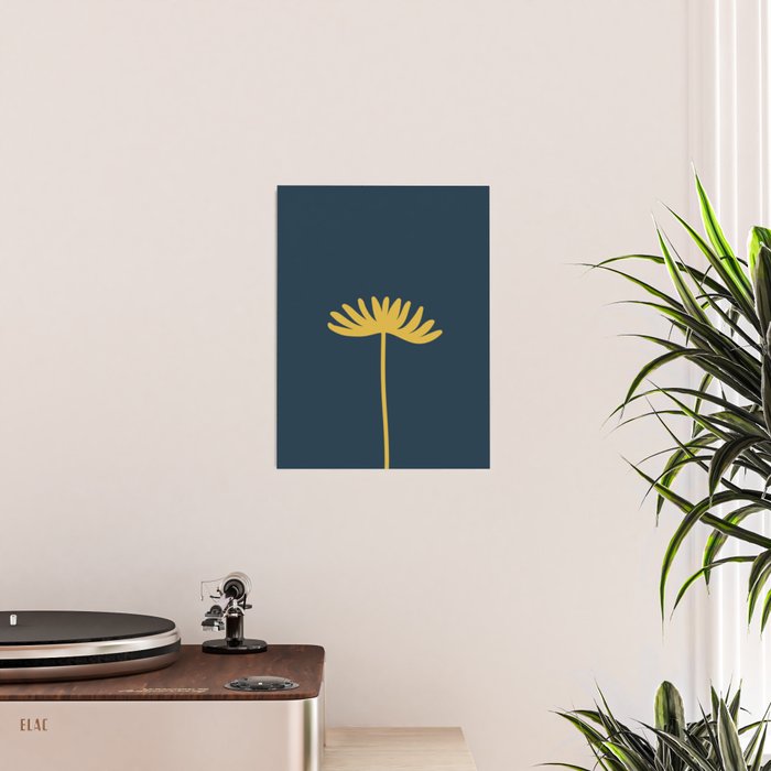Tall Flower - Minimalist Floral in Light Mustard and Navy Blue Poster Gallery Image 2