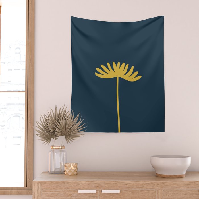 Tall Flower - Minimalist Floral in Light Mustard and Navy Blue Wall Tapestry Gallery Image 2