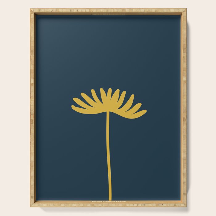 Tall Flower - Minimalist Floral in Light Mustard and Navy Blue Serving Tray Gallery Image 1
