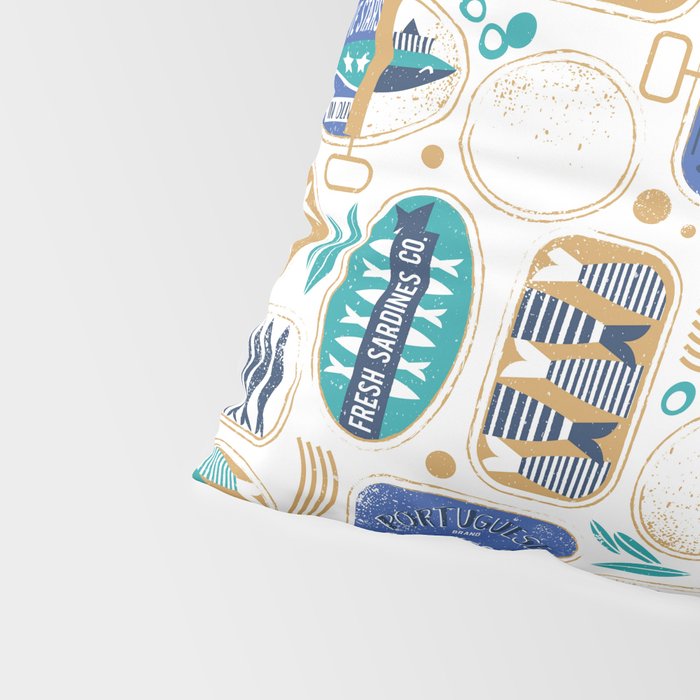 Vintage canned sardines // white background peacock teal and electric blue cans  Pillow Sham Gallery Image 4