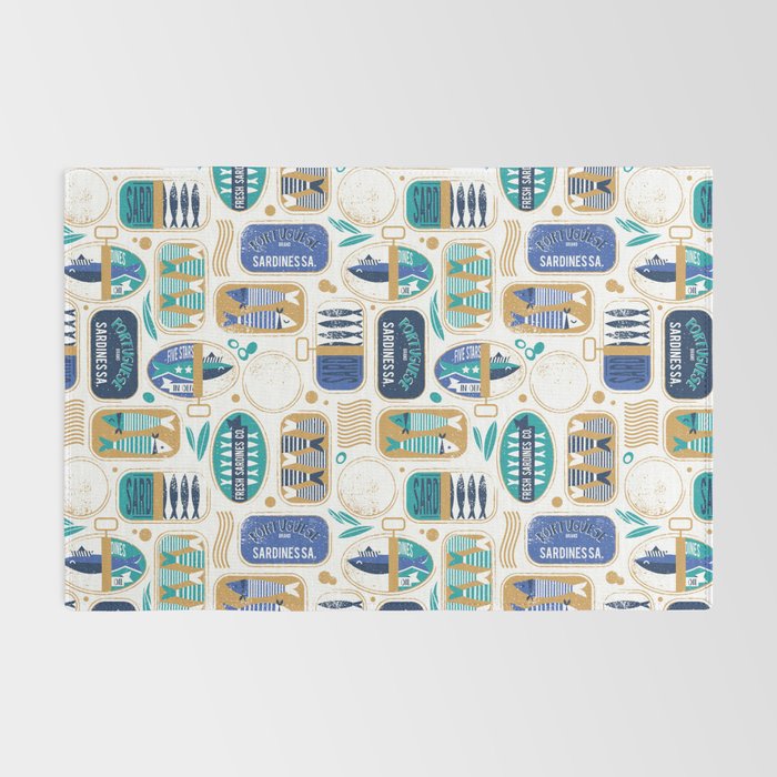 Vintage canned sardines // white background peacock teal and electric blue cans  Rug Gallery Image 2