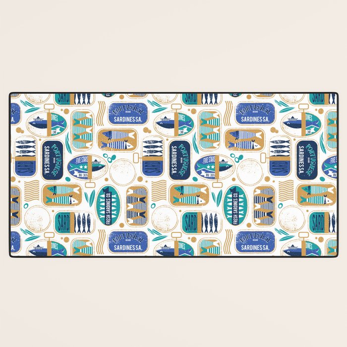 Vintage canned sardines // white background peacock teal and electric blue cans  Desk Mat Gallery Image 3