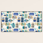 Vintage canned sardines // white background peacock teal and electric blue cans  Desk Mat Gallery Image 3