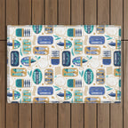 Vintage canned sardines // white background peacock teal and electric blue cans  Outdoor Rug Gallery Image 1