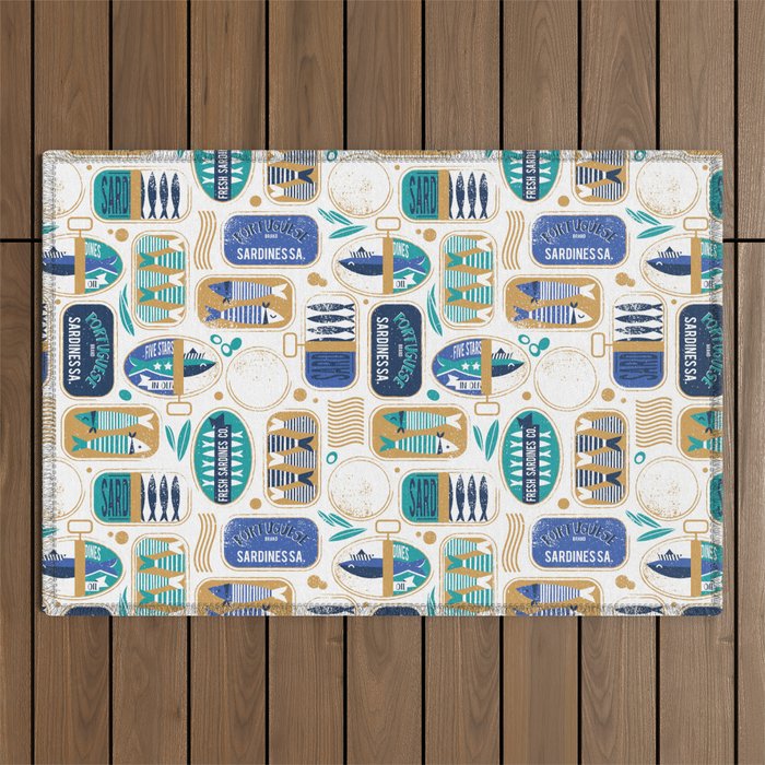 Vintage canned sardines // white background peacock teal and electric blue cans  Outdoor Rug Gallery Image 1