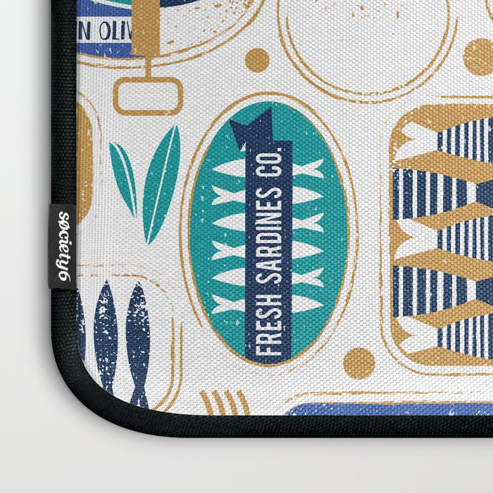 Vintage canned sardines // white background peacock teal and electric blue cans  Laptop Sleeve Gallery Image 3