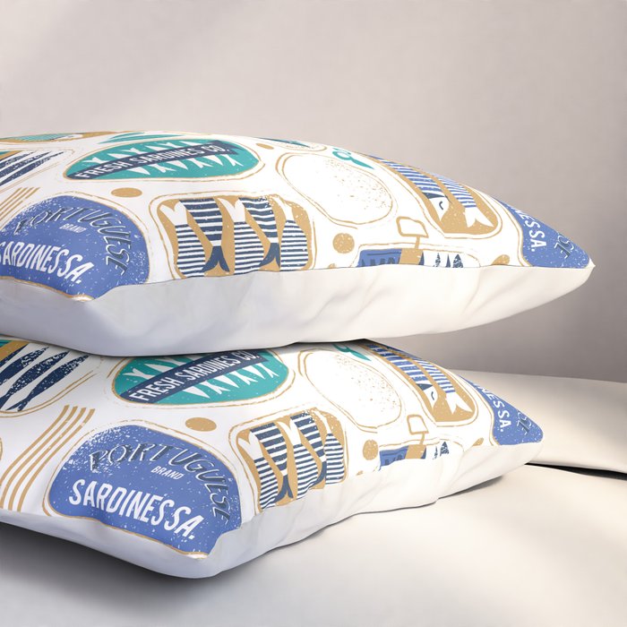 Vintage canned sardines // white background peacock teal and electric blue cans  Pillow Sham Gallery Image 3