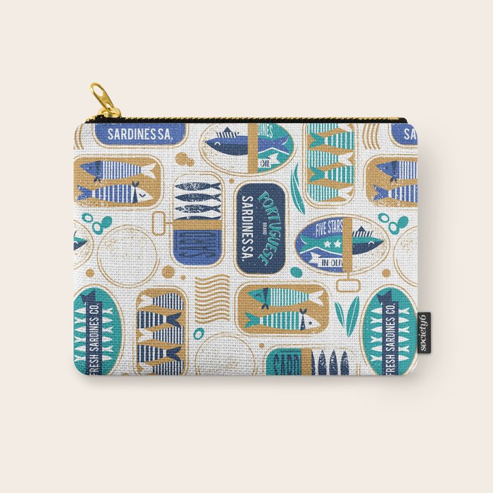 Vintage canned sardines // white background peacock teal and electric blue cans  Carry All Pouch Gallery Image 1