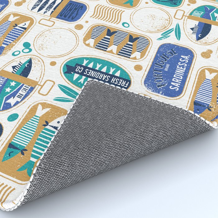 Vintage canned sardines // white background peacock teal and electric blue cans  Rug Gallery Image 4