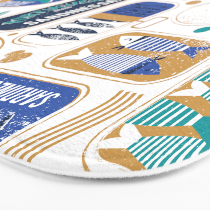 Vintage canned sardines // white background peacock teal and electric blue cans  Bath Mat Gallery Image 3