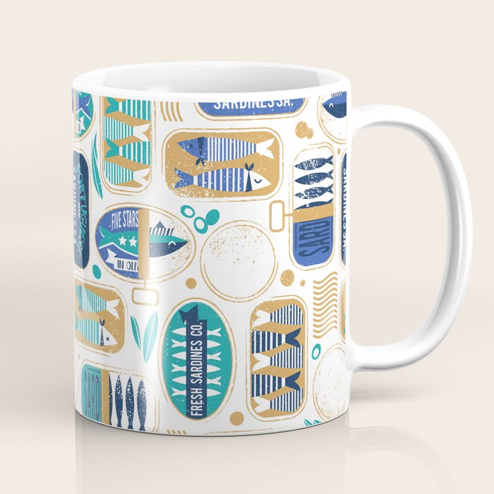 Vintage canned sardines // white background peacock teal and electric blue cans  Coffee Mug Gallery Image 1