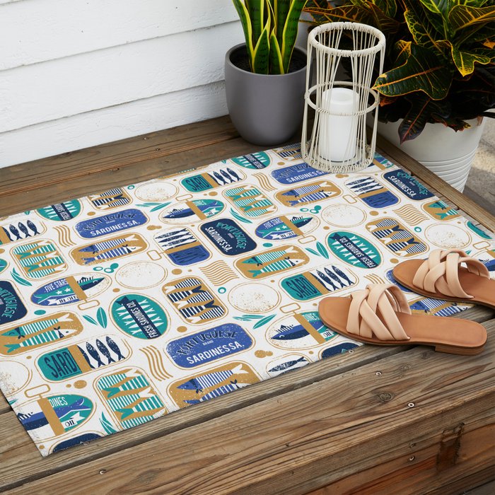 Vintage canned sardines // white background peacock teal and electric blue cans  Outdoor Rug Gallery Image 2