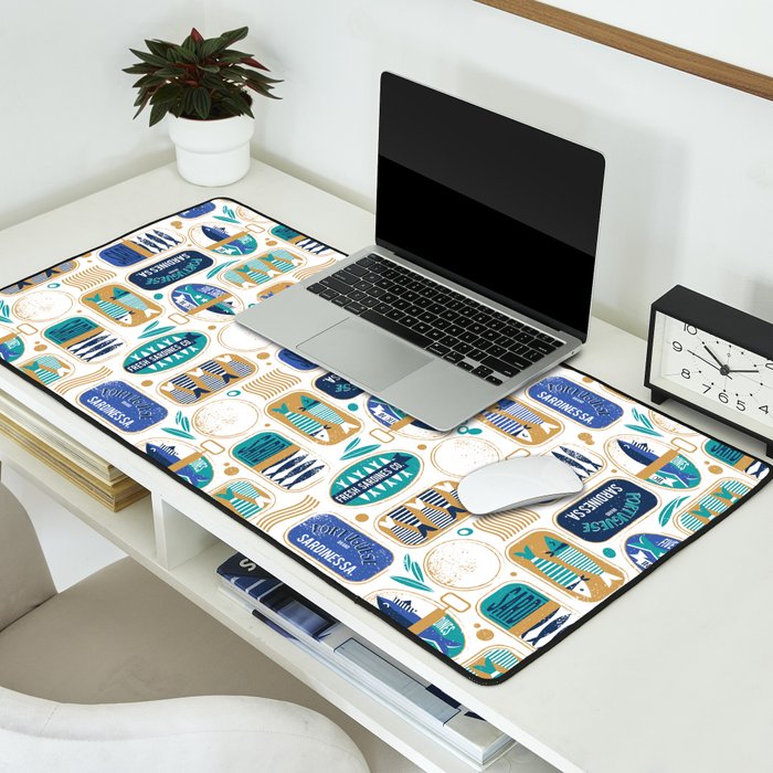 Vintage canned sardines // white background peacock teal and electric blue cans  Desk Mat Gallery Image 2