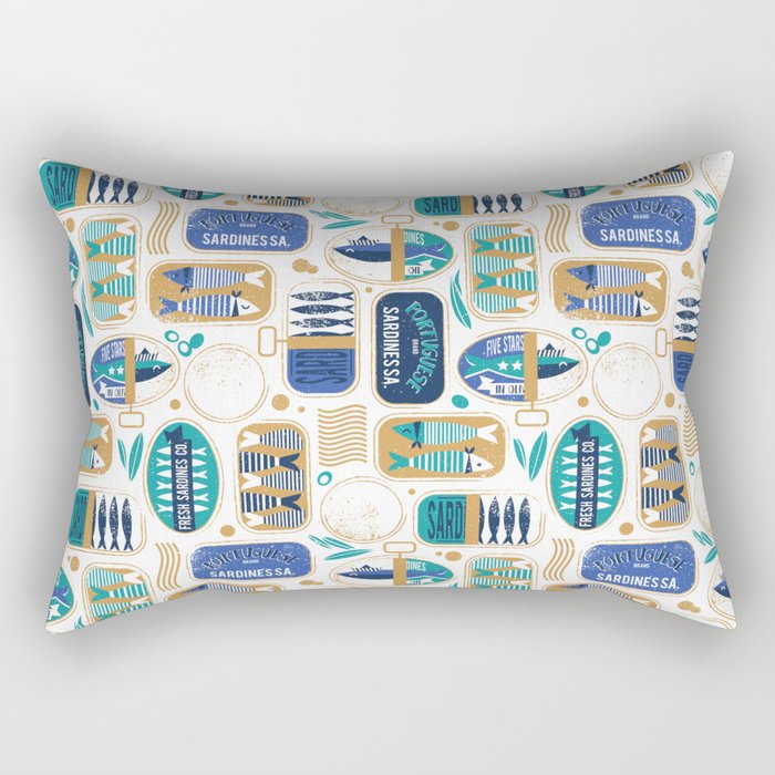 Vintage canned sardines // white background peacock teal and electric blue cans  Rectangular Pillow Gallery Image 2