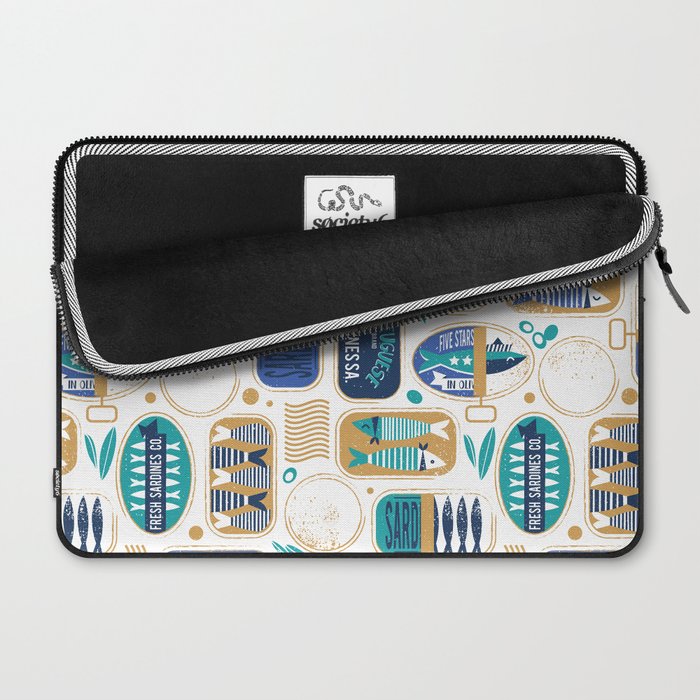Vintage canned sardines // white background peacock teal and electric blue cans  Laptop Sleeve Gallery Image 2