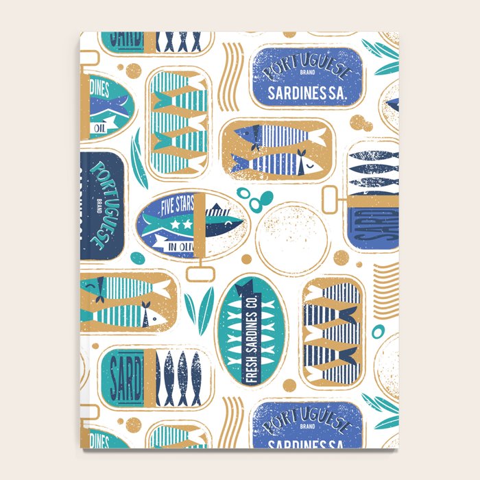 Vintage canned sardines // white background peacock teal and electric blue cans  Notebook Gallery Image 4