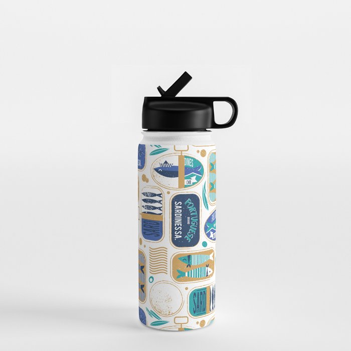 Vintage canned sardines // white background peacock teal and electric blue cans  Water Bottle