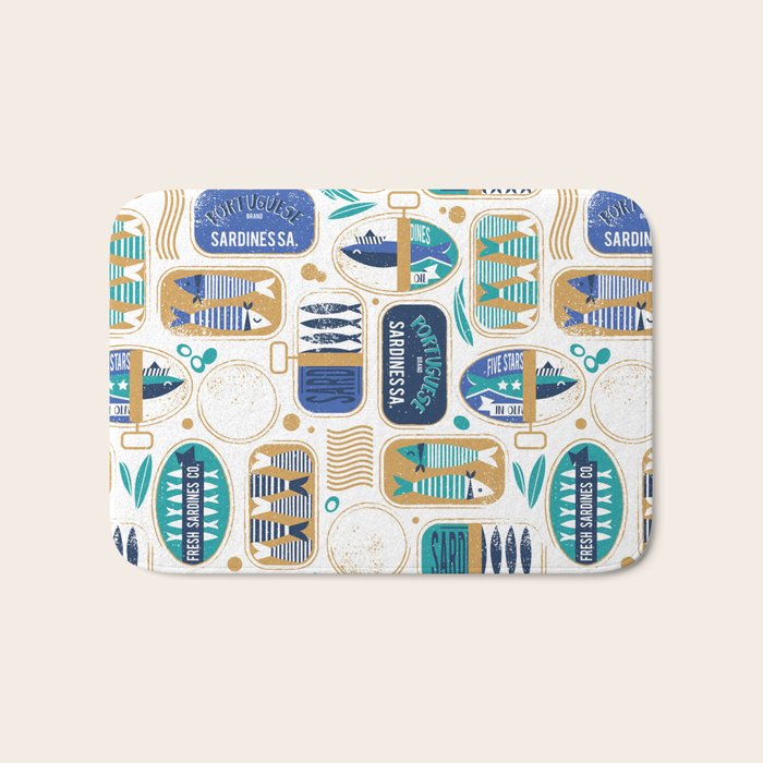 Vintage canned sardines // white background peacock teal and electric blue cans  Bath Mat Gallery Image 1