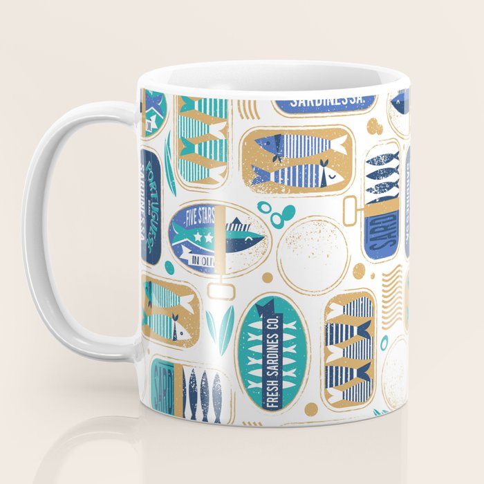 Vintage canned sardines // white background peacock teal and electric blue cans  Coffee Mug Gallery Image 3