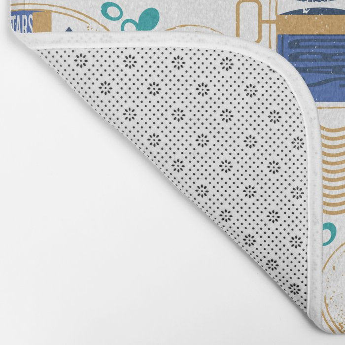 Vintage canned sardines // white background peacock teal and electric blue cans  Bath Mat Gallery Image 2