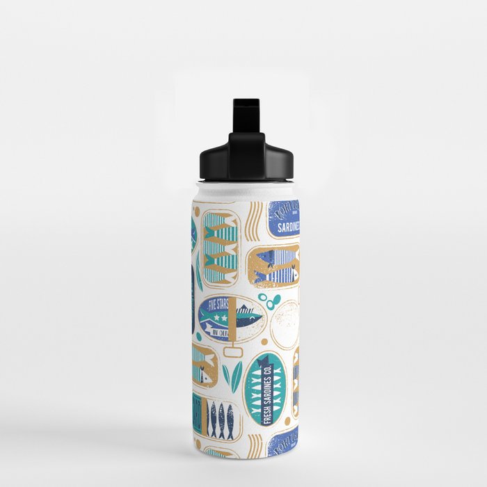 Vintage canned sardines // white background peacock teal and electric blue cans  Water Bottle Gallery Image 2
