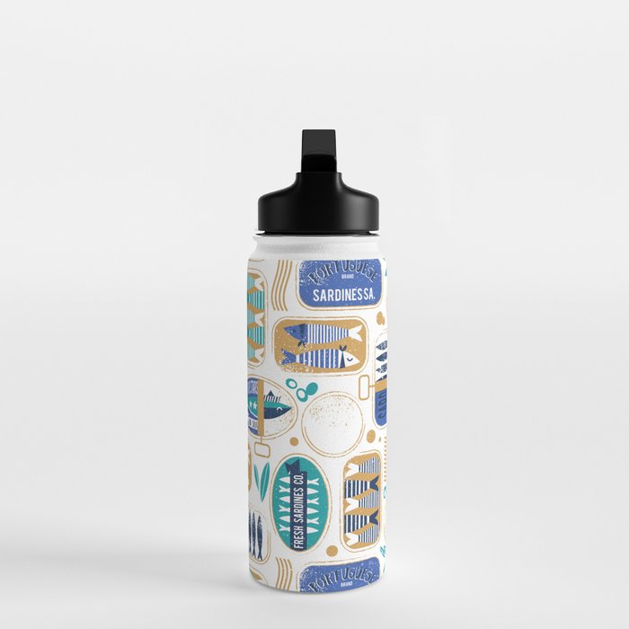 Vintage canned sardines // white background peacock teal and electric blue cans  Water Bottle Gallery Image 3
