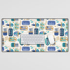 Vintage canned sardines // white background peacock teal and electric blue cans  Desk Mat Gallery Image 1