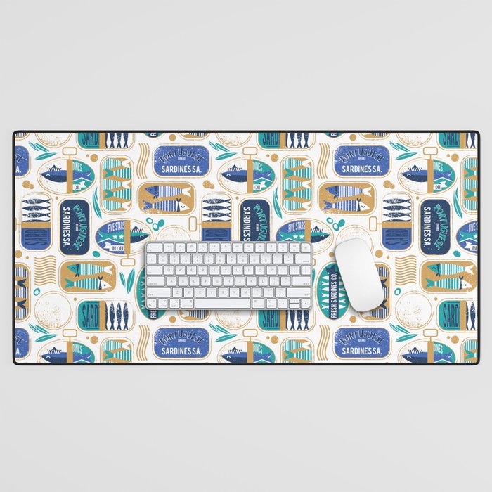 Vintage canned sardines // white background peacock teal and electric blue cans  Desk Mat Gallery Image 1