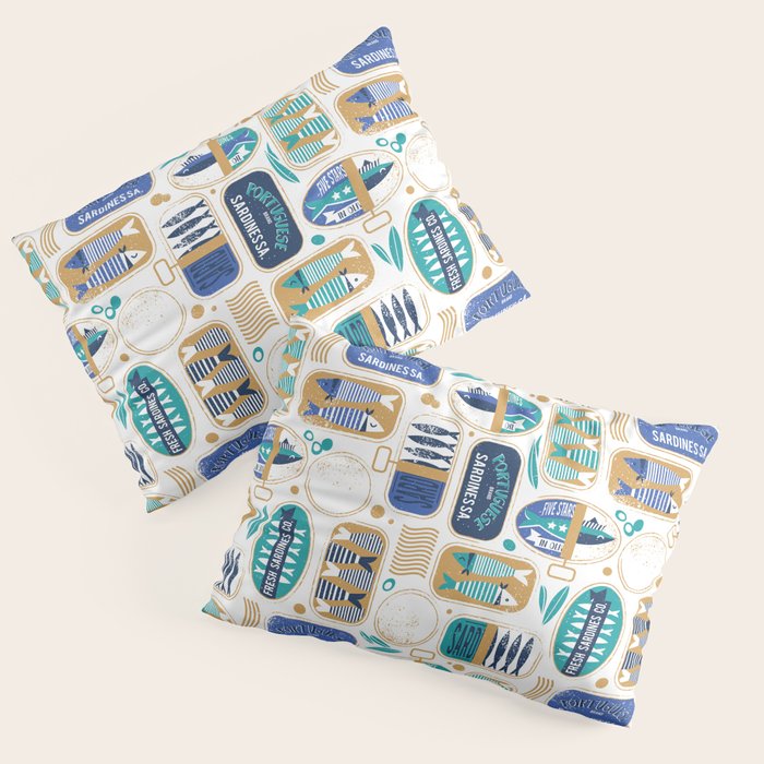Vintage canned sardines // white background peacock teal and electric blue cans  Pillow Sham Gallery Image 3