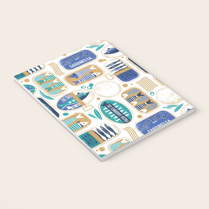 Vintage canned sardines // white background peacock teal and electric blue cans  Notebook Gallery Image 3