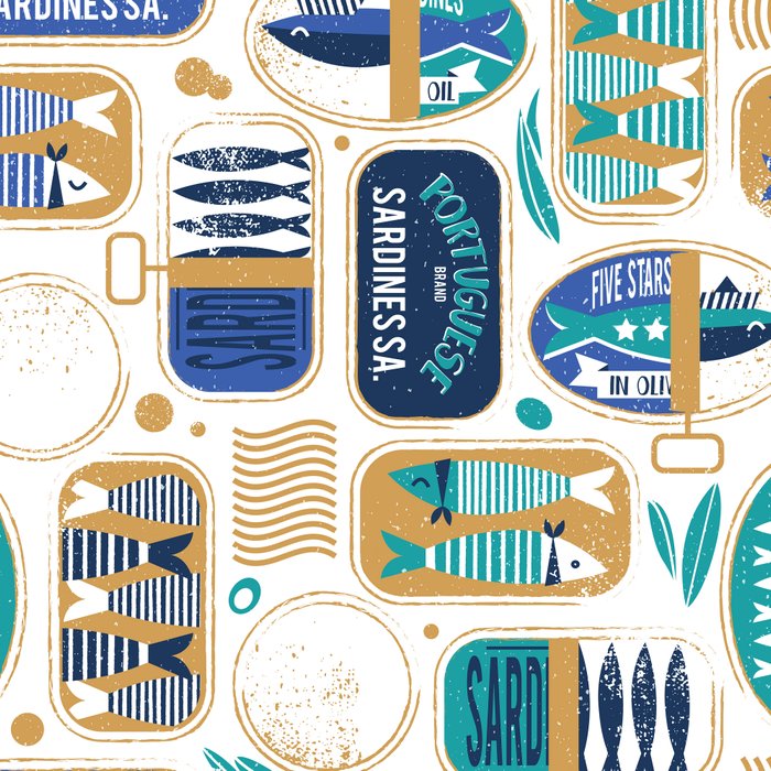 Vintage canned sardines // white background peacock teal and electric blue cans  Coffee Mug Gallery Image 2