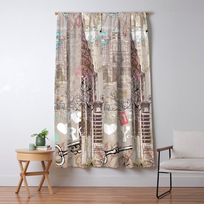 Vintage collage brown pink typography New York Landmark Window Curtain Gallery Image 5