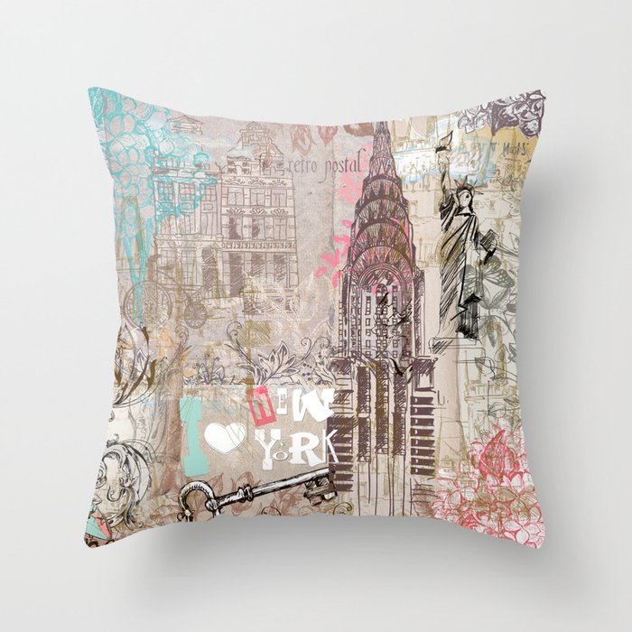 Vintage collage brown pink typography New York Landmark Throw Pillow Gallery Image 6