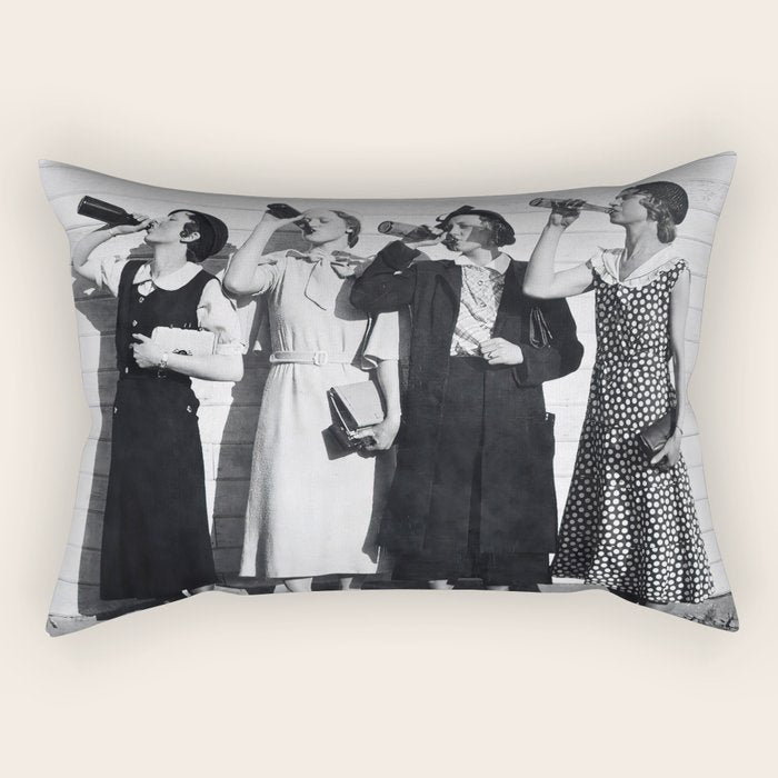 Women Beer Drinkers, Black and White Vintage Art Rectangular Pillow Gallery Image 2