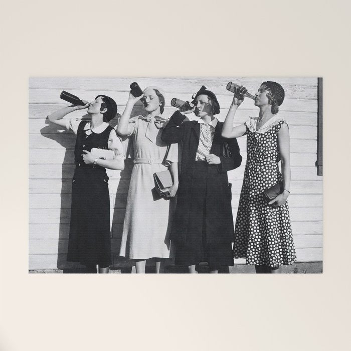 Women Beer Drinkers, Black and White Vintage Art Welcome Mat Gallery Image 1