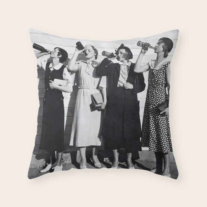 Women Beer Drinkers, Black and White Vintage Art Throw Pillow Gallery Image 6