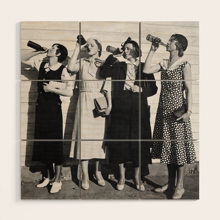 Women Beer Drinkers, Black and White Vintage Art Wood Wall Art Gallery Image 1