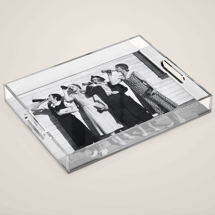 Women Beer Drinkers, Black and White Vintage Art Acrylic Tray Gallery Image 1