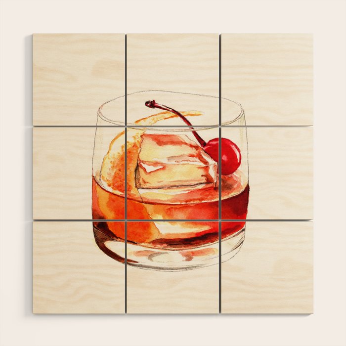 Cocktails. Old Fashioned. Watercolor Painting. Wood Wall Art Gallery Image 1