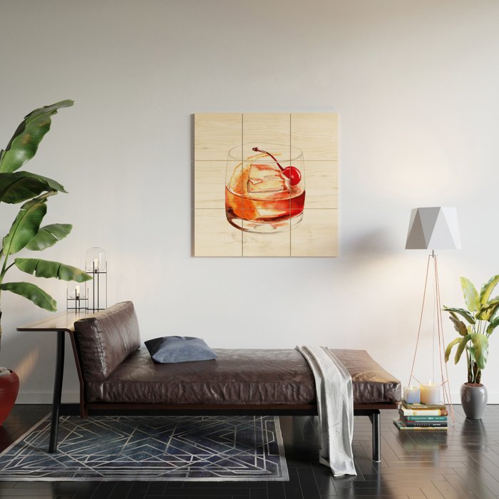Cocktails. Old Fashioned. Watercolor Painting. Wood Wall Art Gallery Image 2